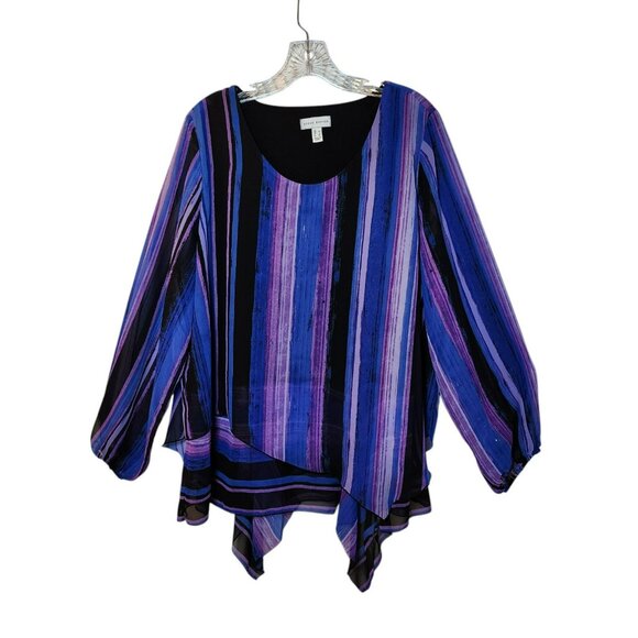 Susan Graver Blouse L Purple Black Striped Long Sleeve Asymmetrical Hem Preowned - Picture 8 of 9